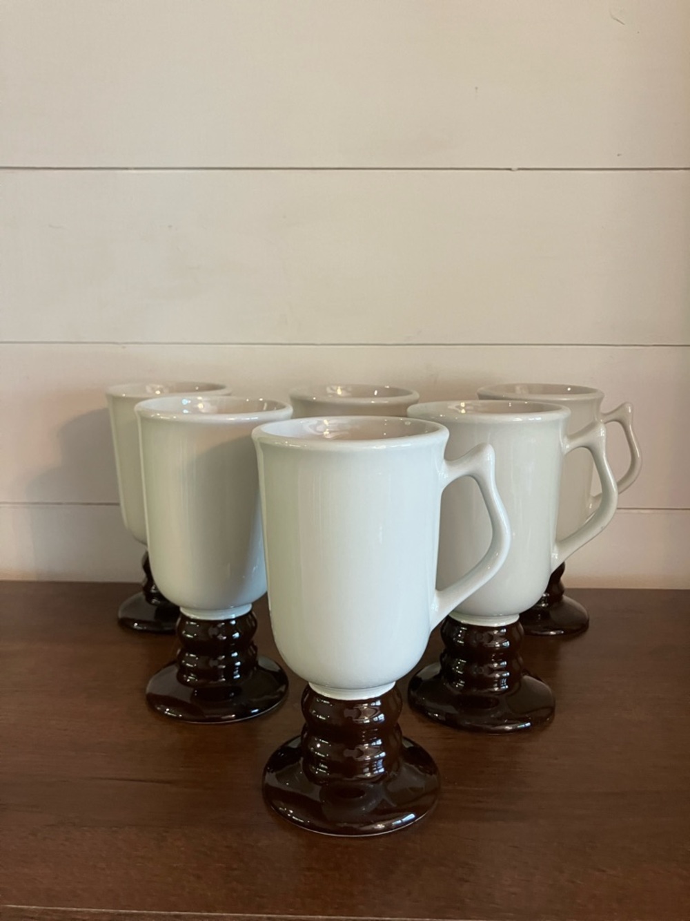 Vintage Hall Pottery Irish Coffee Mugs - White and Brown (Set of 6)